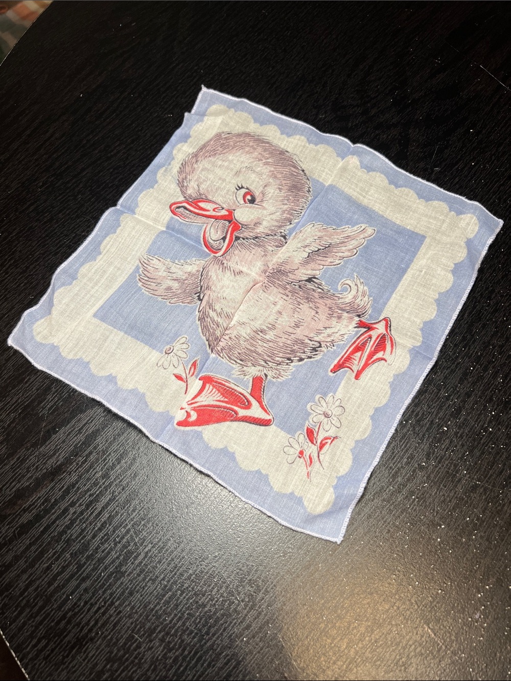 Vintage MCM Kitsch Anthropomorphic Cute Duck Floral Handkerchief Hankie - Picture 4 of 4